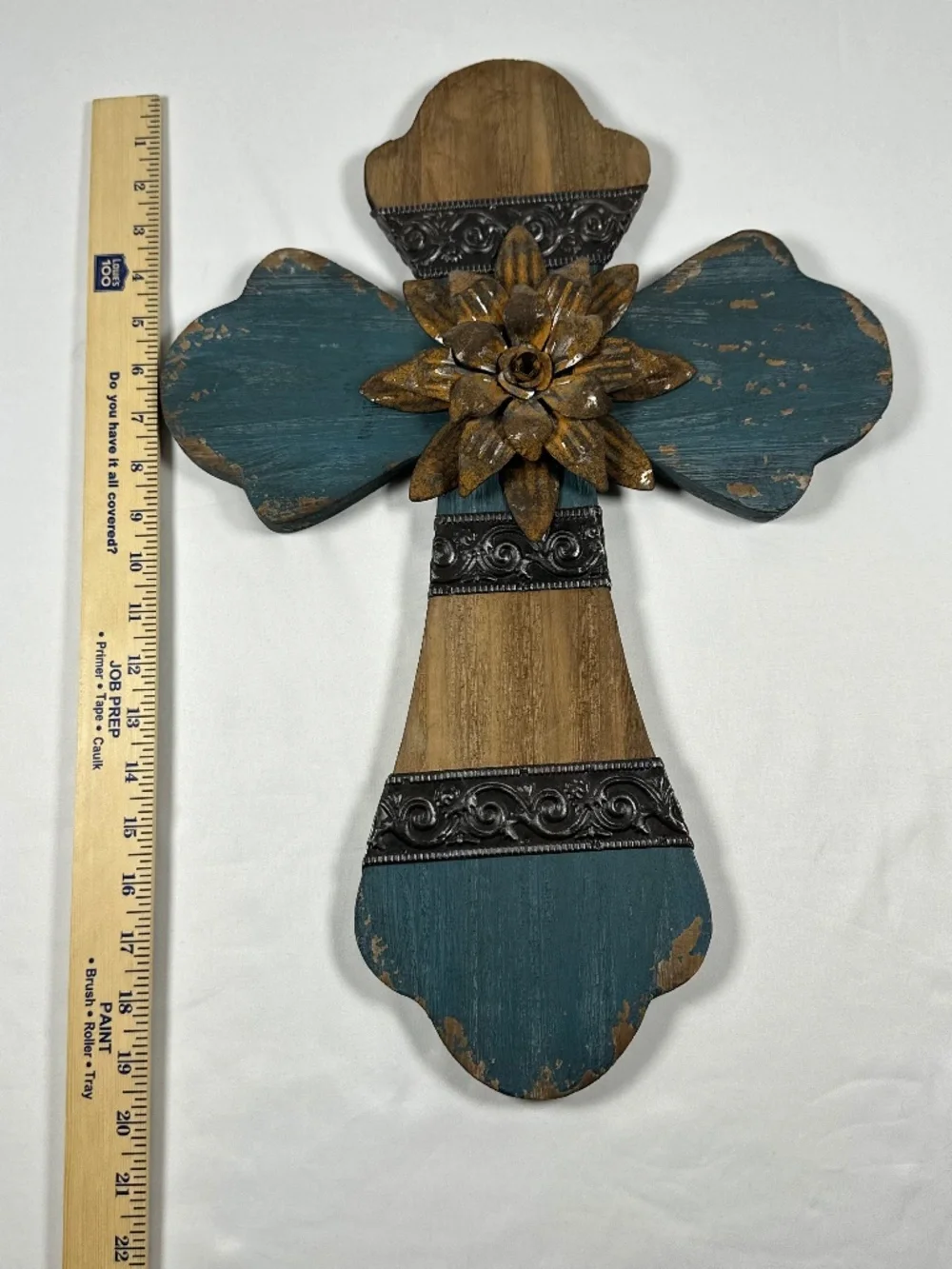 Wooden Cross 20 inches Metal Flower Metal Bands Wall Hanger Rustic Blue Brown